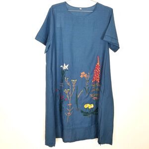 Minibee Women's Embroidered Linen Blend High Low Dress Sz‎ XL Blue Boho Summer